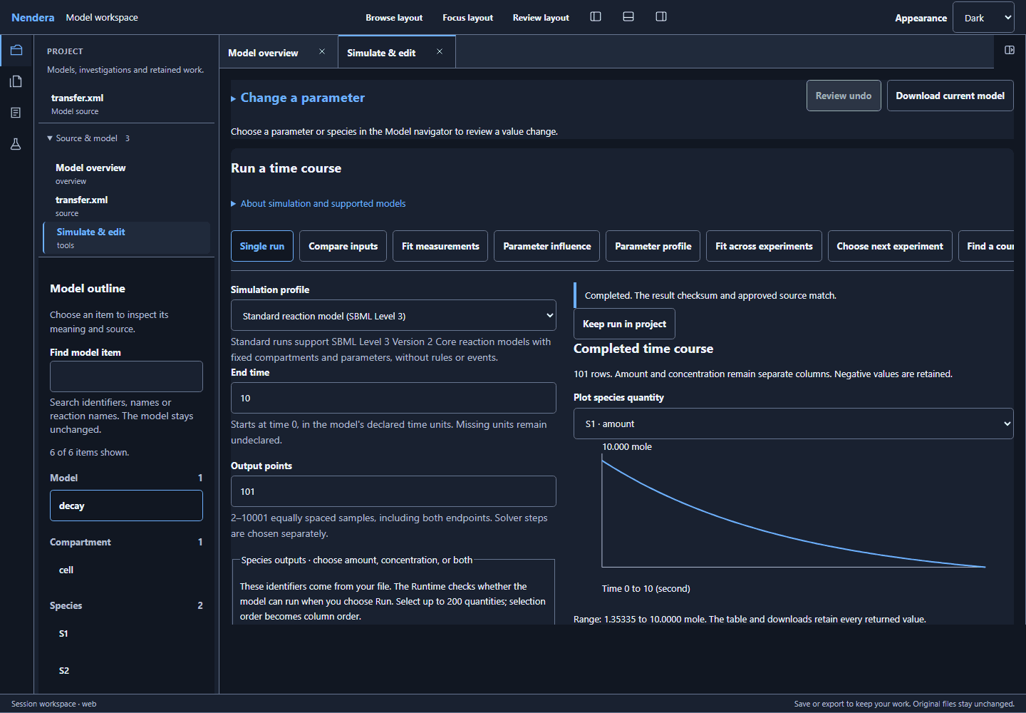 Nendera Workbench showing the two-quantity teaching model, simulation settings and its result.